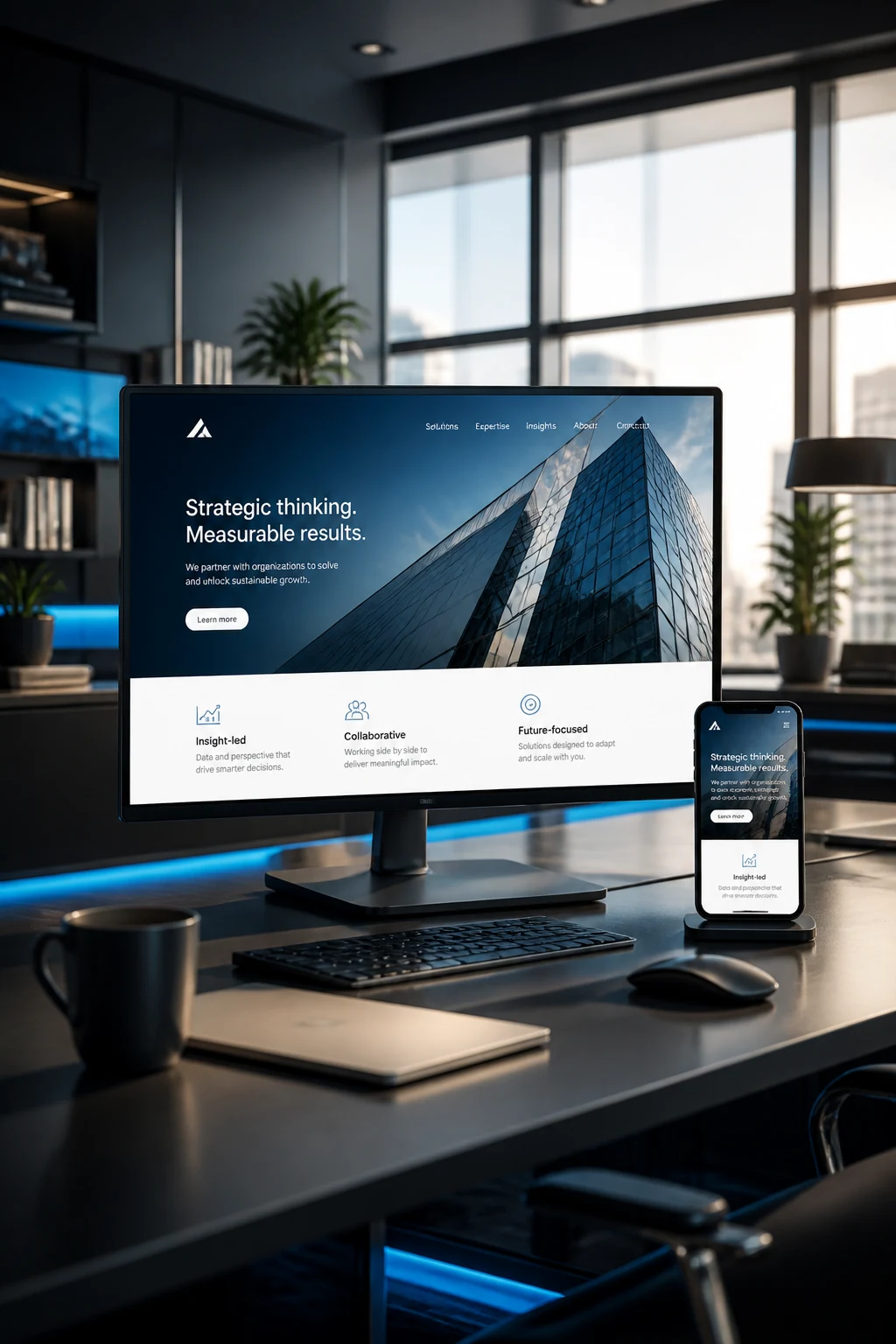 A clear website shown on a desktop and a phone in a modern workspace