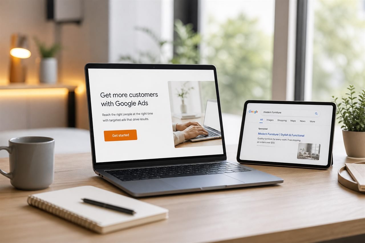 A campaign landing page on a laptop next to a search ad on a tablet