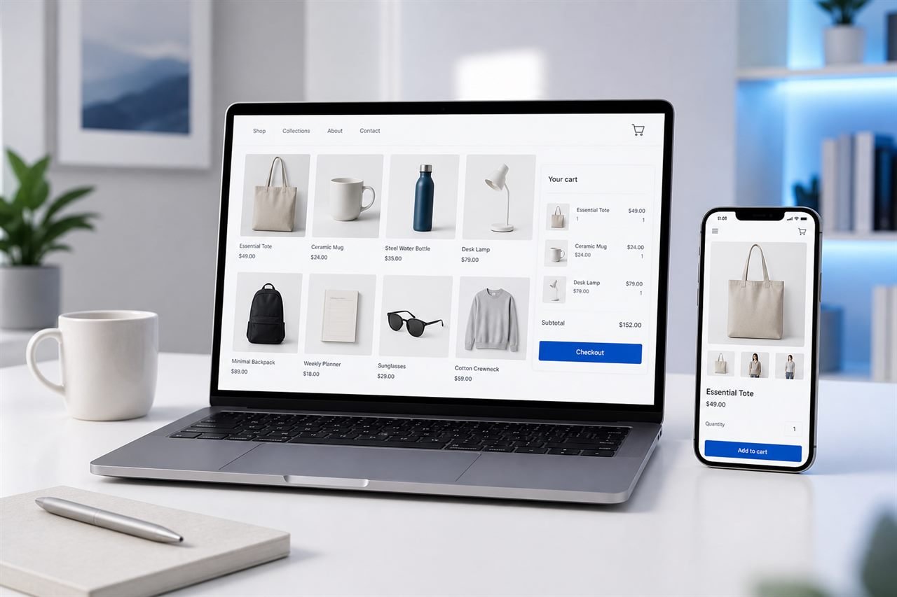 An online store on a laptop and phone, with product pages and checkout