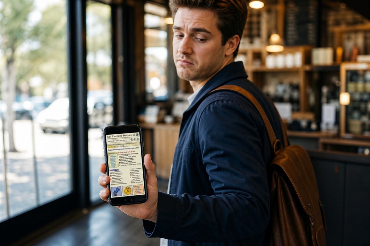 A customer looks disappointed at an outdated website on a phone and is about to leave